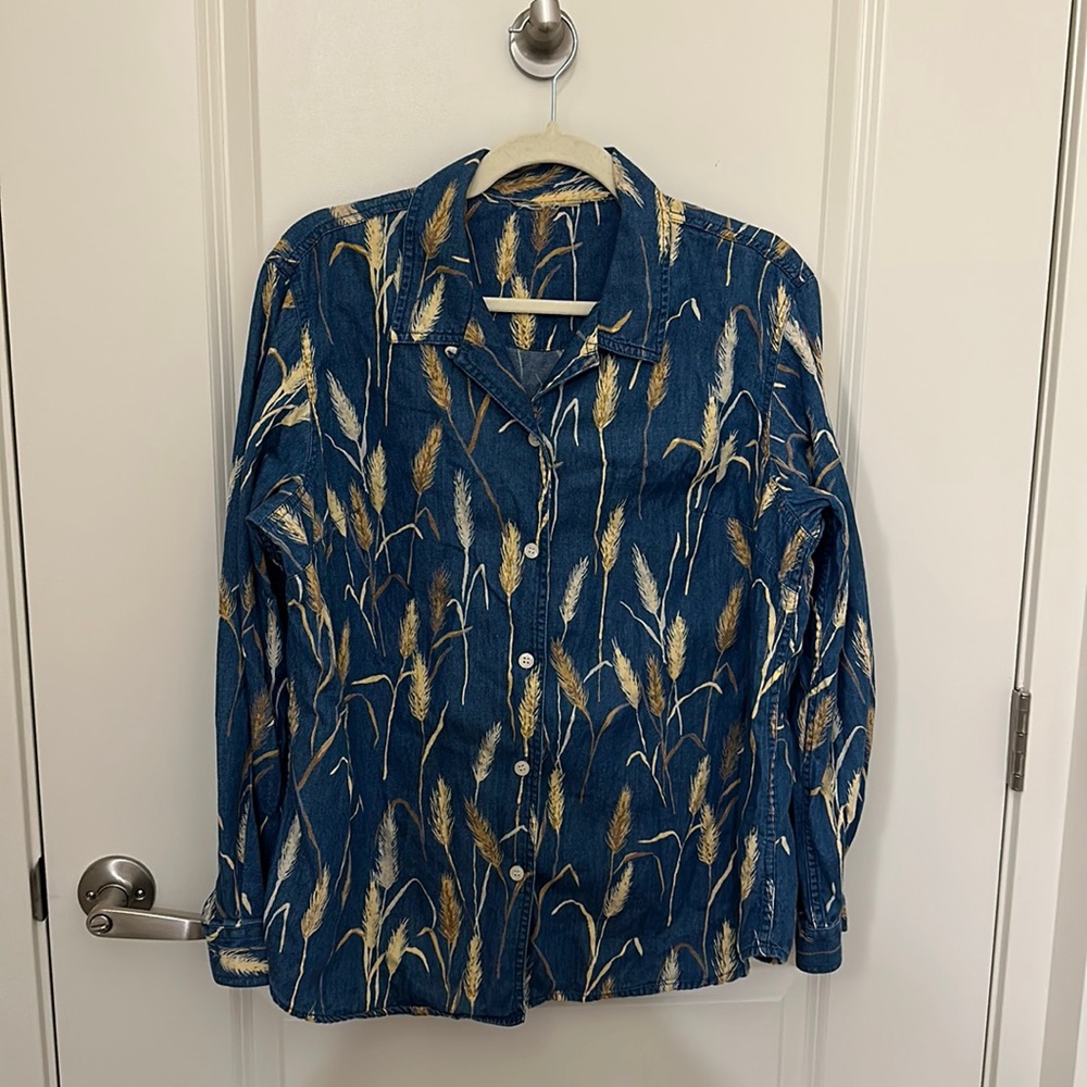 🌾 Vintage Liz Claiborne Lizwear Denim Wheat Print Shirt 100% Cotton 24” P2P